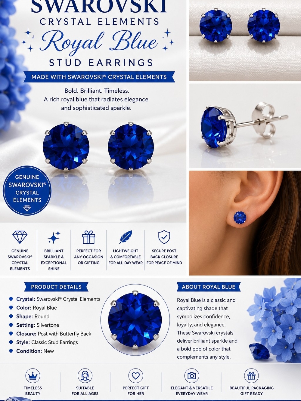 Swarovski Royal Blue Crystal Round Stud Earrings - Silvertone